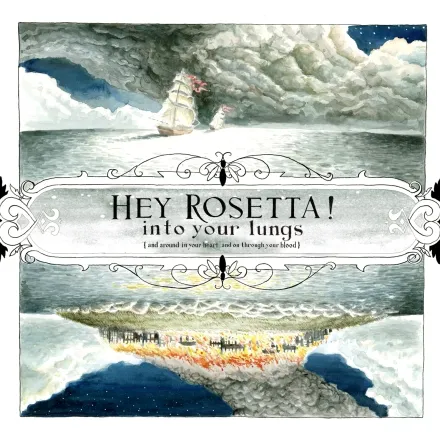 A watercolour tall ship on a grey sea, with an island hanging upside down below it and the title set in filigree between.