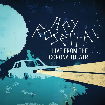 An illustrated night scene: someone sitting on the roof of a parked car under a star-field, the band name spelled out in constellations.