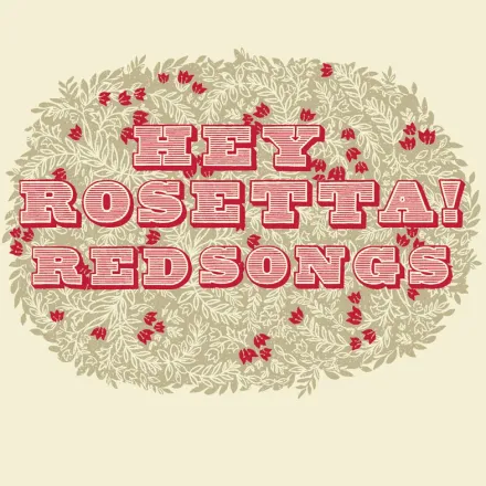 Hand-lettered red type ringed by a wreath of leaves and berries on cream.