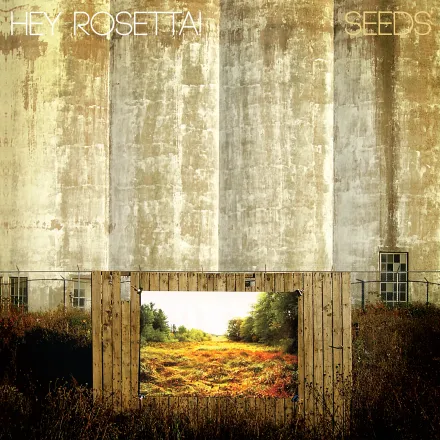 A weathered concrete wall opening onto a wildflower field beyond a wooden gate.