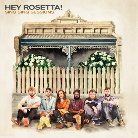 A watercolour of the six-piece band sitting on a step in front of a white picket fence and a rose-covered verandah.