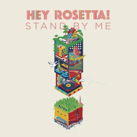 An isometric cutaway tower of tiny rooms — houses, a ship, a turntable — floating above a slab of forested ground.