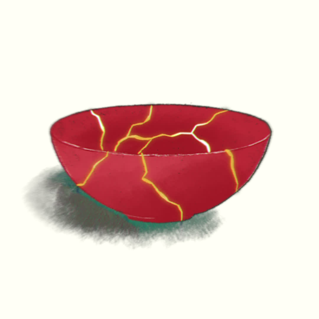 A broken red ceramic bowl reassembling itself, its cracks sealed with gold in the kintsugi style.